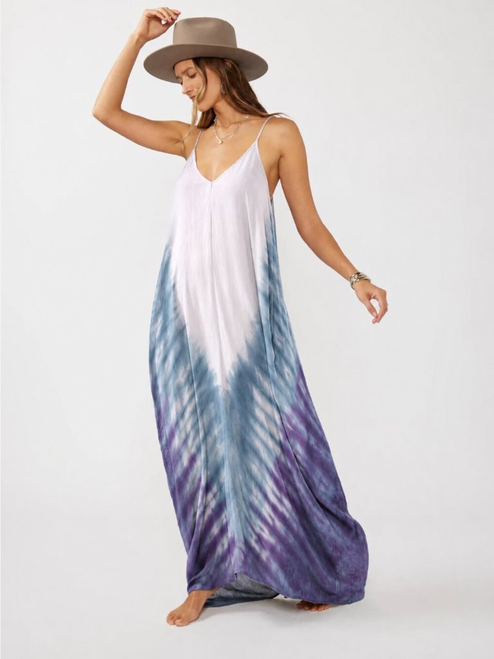 Size M/L Lovestitch Mila Weekend Maxi Dress, Cool Gray w/ Blue & Purple Tie-Dye